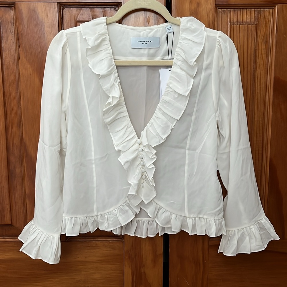 NWT Equipment femme Yasmina white 100% silk ruffle blouse   Size S - Picture 6 of 10